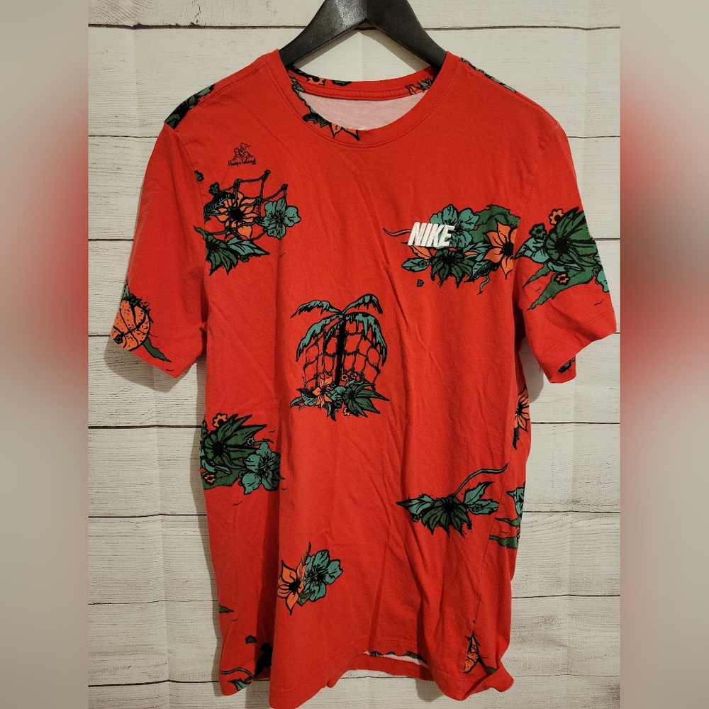 Nike Shirt Mens Large Red Floral Basketball Graphic All Over Print Tee Cotton